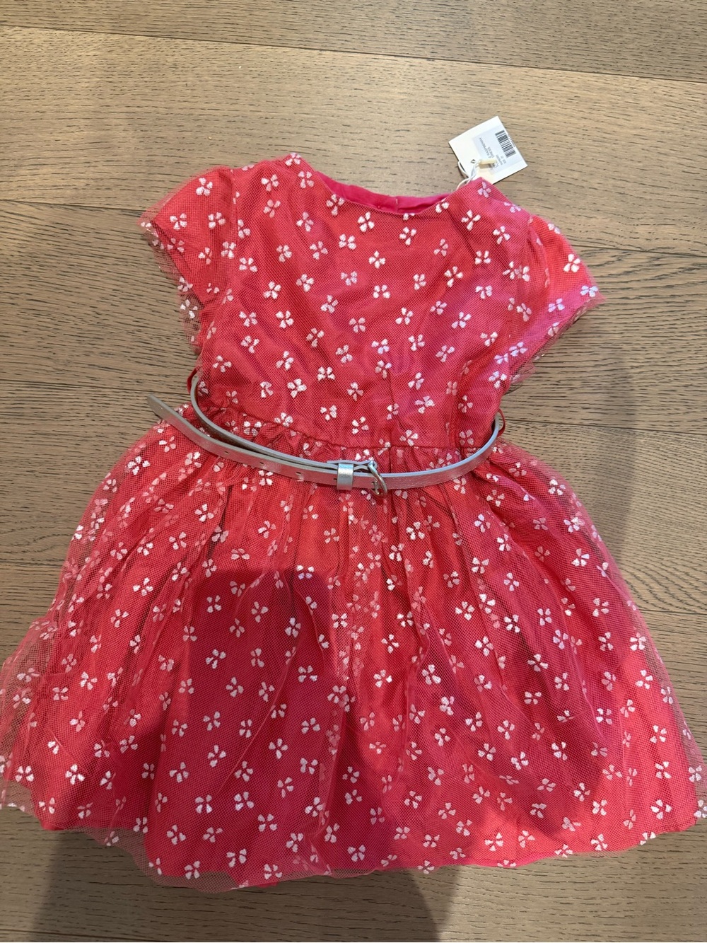 Marie Chantal Red Floral Tulle Party Dress with Silver Belt